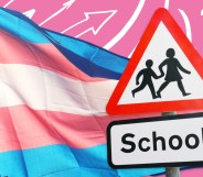 A trans flag and a school crossing sign