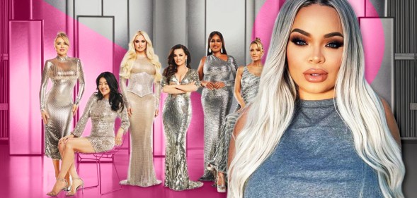 An image shows American YouTuber and singer Trisha Paytas wearing a light blue top and in the background are The Real Housewives of Beverly Hills' actors standing next to each other