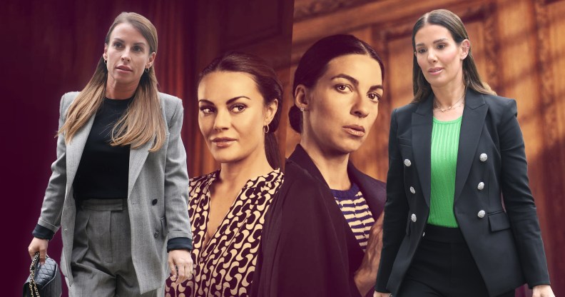 A composite four-image picture shows Coleen Rooney on the left with actor Chanel Cresswell who plays her in the new Channel 4 drama Vardy v Rooney: A Courtroom Drama next to her, alongside that is actor Natalia Tena who plays Rebekah Vardy with a real photo of Vardy to the right