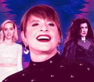 A graphic showing in the foreground a cutout close-up image of actor Patti LuPone wearing a black and sequin top, behind her is actor Aubrey Plaza wearing a white top and trousers and to the right is actor Kathryn Hahn dressed in her Agatha Harkness costume from Disney+ series Wandavision.