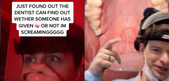 Screenshots from two tiktok videos explaining how dentists can tell when you've given a blowjob.