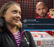 Collage of Greta smiling, Andrew sitting in front of pizza boxes, and Greta's pizza box tweet