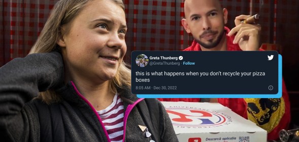 Collage of Greta smiling, Andrew sitting in front of pizza boxes, and Greta's pizza box tweet