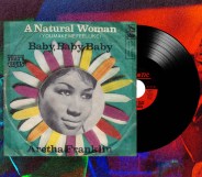 A graphic showing on the left the cover of Aretha Franklin's record "A Natural Woman". Coming out of the cover is an image of a vinyl record and to the right of that is the image of Aretha Franklin performing - this image is tinted out red