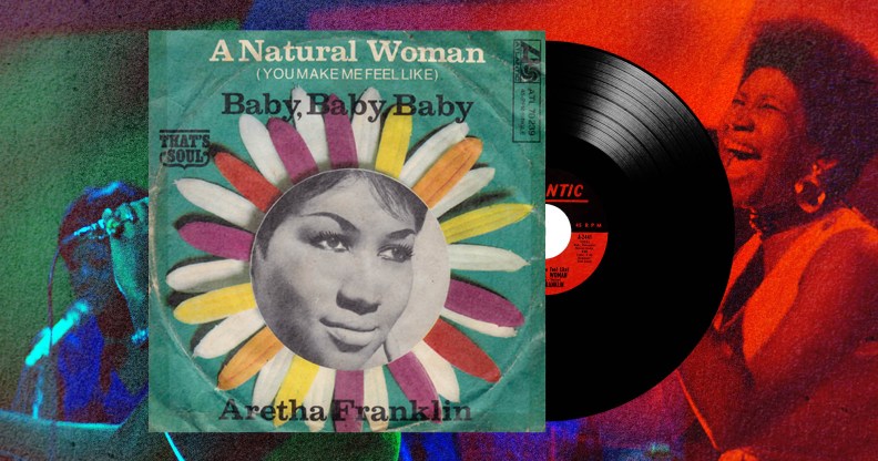 A graphic showing on the left the cover of Aretha Franklin's record "A Natural Woman". Coming out of the cover is an image of a vinyl record and to the right of that is the image of Aretha Franklin performing - this image is tinted out red