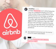 A graphic shows on the left a airbnb logo with a screenshot of a Twitter post positioned next to it. In the background is the faded out image of two men standing close to each other