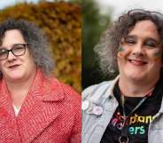 Aoife Martin pictured on the left outdoors wearing a red coat. On the right, she's pictured at a Pride march wearing a denim jacket with pride colours painted on her cheeks.