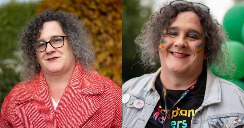 Aoife Martin pictured on the left outdoors wearing a red coat. On the right, she's pictured at a Pride march wearing a denim jacket with pride colours painted on her cheeks.