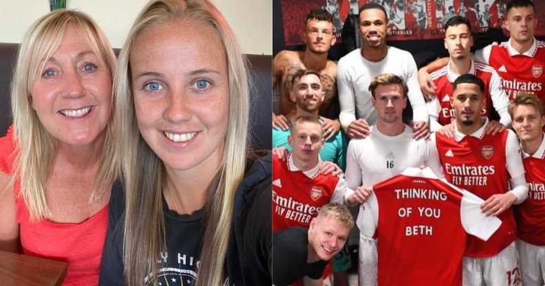 Beth Mead with her mum (left) and the Arsenal men's team