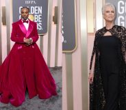 Side by side image of Billy Porter and Jamie Lee Curtis on the red carpet at the golden globes.