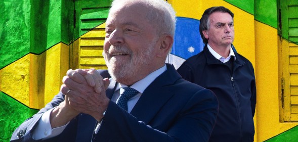 Collage of Lula and Bolsonaro in front of the Brazil flag