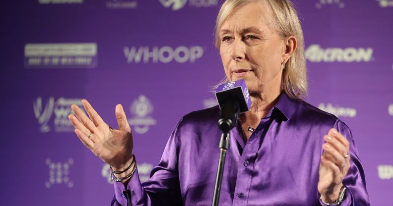 Martina Navratilova, wearing a purple top, speaks during a conference at the WTA finals.