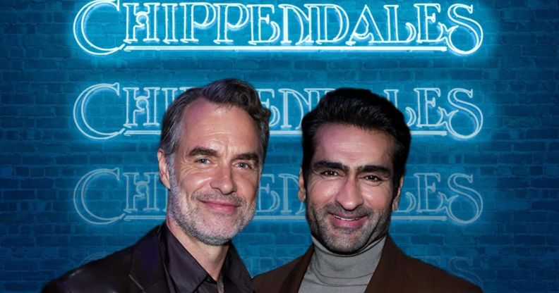 A promo shot for Disney+ series Welcome to Chippendales shows actors Murray Bartlett and Kumail Nanjiani standing next to each other smiling with a blue neon sign behind them says: "Chippendales"