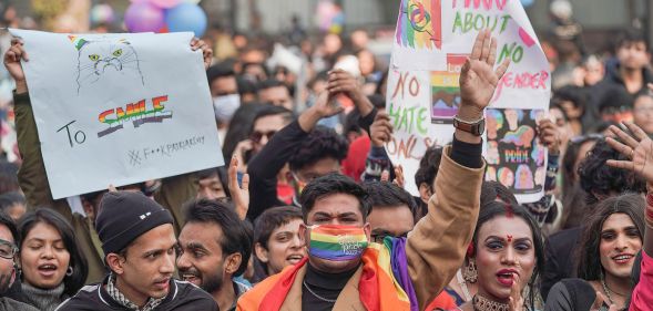 A photo showing members and supporters of LGBTQAI+ community holding placards as they take part in Delhi's Queer Pride Parade from Barakhamba Raod to Jantar Mantar, in New Delhi.