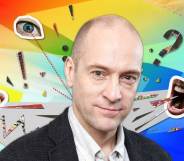 A graphic shows a cut-out image of magician Derren Brown surrounded by pictures of mouths shouting towards him and there's also a single eye looking at him. To the right of his head is a big question mark. The background is in rainbow Pride colours.