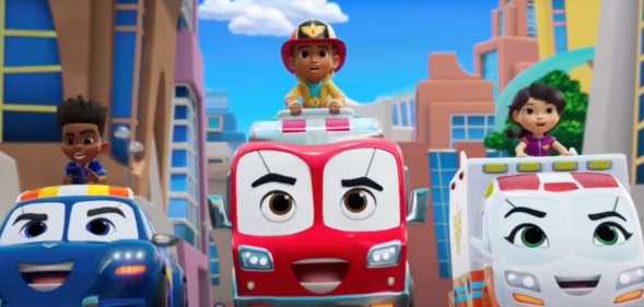 A still from Disney Junior's "Firebuds" shows a police car, a fire struck and an ambulance with their child drivers clearly seen out in front of the vehicles