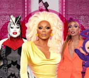 A graphic composite showing some of RuPaul's Drag Race contestants sat next to each other with one of the Teletubbies, Tinky-Winky, superimposed over the right-hand side of the image