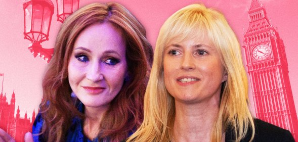 Anti-trans Harry Potter author JK Rowling side-by-side with Labour MP Rosie Duffield against a red backdrop with Westminster in the background