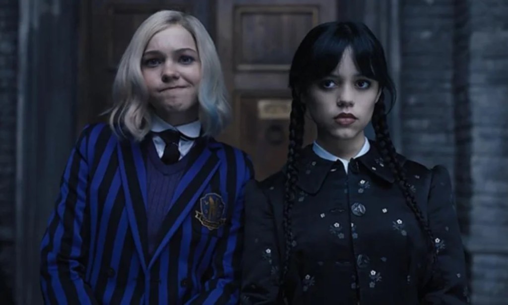 Emma Myers as Enid (L) and Jenna Ortega as Wednesday (R). (Netflix)