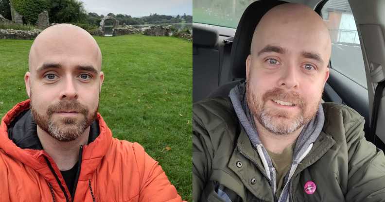 On the left, conversion therapy survivor Garry Adair-Gilliland is pictured outdoors wearing an orange coat. On the right he's pictured wearing a green coat sitting in his car with a badge visible on his jacket.