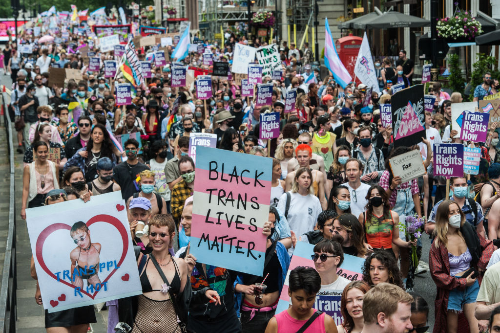 The protest proceeds down Piccadilly as thousands attend the third Trans Pride march on June 26, 2021. 