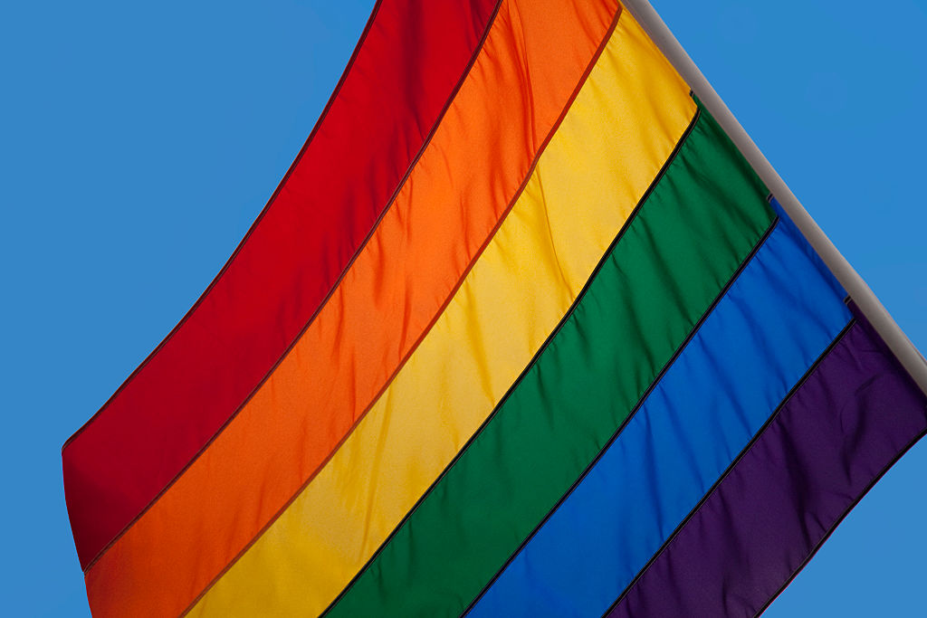 Rainbow flag at the Pride London gay and lesbian parade through central London.