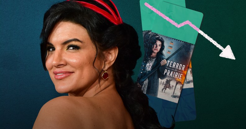 A graphic shows a close-up image of actor Gina Carao smiling to the camera and in the background is a small poster of her new film Terror on the Prarie which has a pink arrow pointing downwards just above it