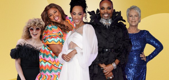 A graphic composite showing the Golden Globes 2023 presenters lineup - with Natasha Lyonne, Nicole Byer, Michaela Rodriguez, Billy Porter, Jamie Lee Curtis. All of the presenters are standing against a golden background