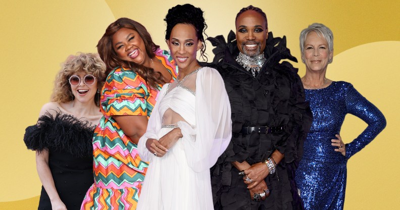 A graphic composite showing the Golden Globes 2023 presenters lineup - with Natasha Lyonne, Nicole Byer, Michaela Rodriguez, Billy Porter, Jamie Lee Curtis. All of the presenters are standing against a golden background