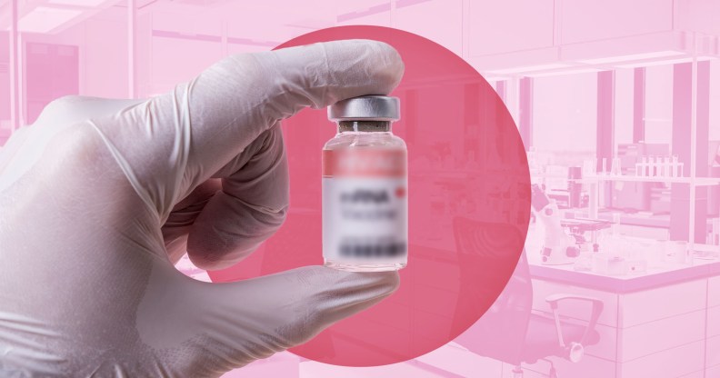 A stock image of a vaccine against a pink background