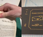 A split image of Laur Flom tearing into a Harry Potter book and the new cover art on display.