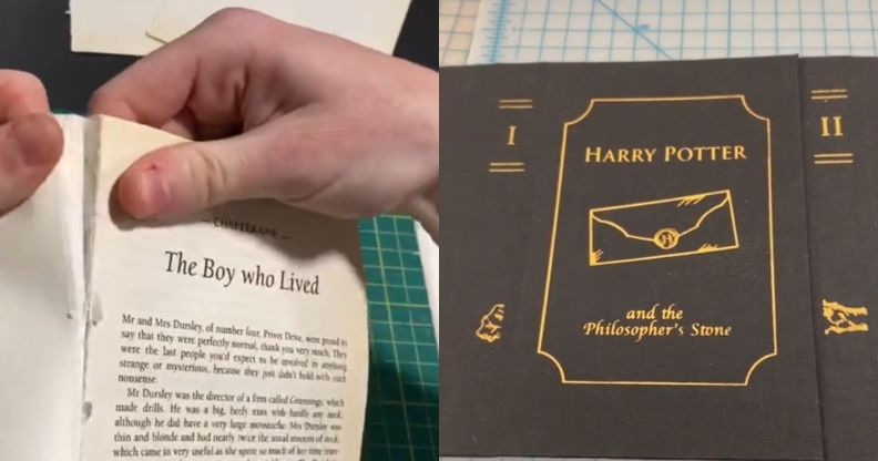 A split image of Laur Flom tearing into a Harry Potter book and the new cover art on display.