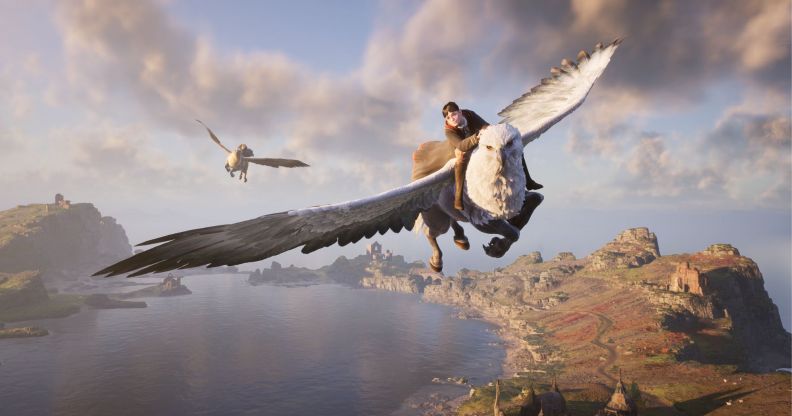 A screenshot of a Hogwarts student flying on a mystical creature in Hogwarts Legacy.