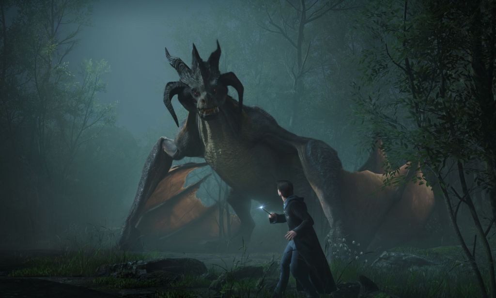 A dragon stands near a student wielding a wand.