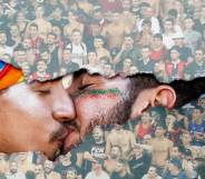 Two men kissing in front of a scene of football fans