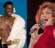 On the left, Jerrod Carmichael on the Emmy red carpet wearing a white fur coat and an exposed chest holding a golden Emmy Award. On the right, Whitney Houston singing into a microphone while wearing a neck-high red dress.