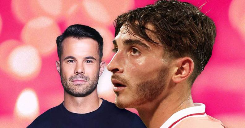 An image showing cut-out pictures of gay sportsmen Simon Dunn and Josh Cavallo set against a pink background