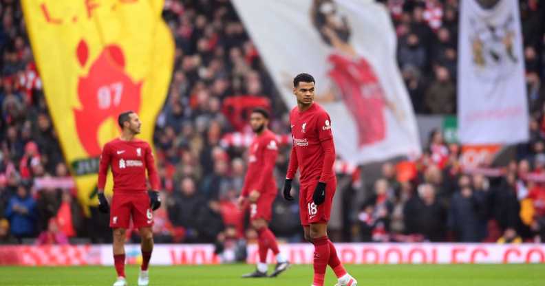 LIVERPOOL, ENGLAND - JANUARY 21: Cody Gakpo of Liverpool looks on prior to the Premier League match between Liverpool FC and Chelsea FC at Anfield on January 21, 2023 in Liverpool, England. (Photo by Laurence Griffiths/Getty Images)