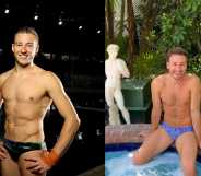 On the left, Matthew Mitcham is pictured wearing a Speedo at the 2012 London Olympics. On the right, he is pictured sitting by the side of a pool wearing a Speedo.