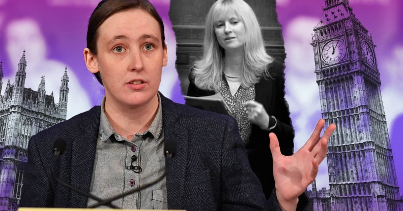 A graphic shows MP Mhairi Black speaking during an event, with a picture of MP Rosie Duffield in black and white photoshopped behind her. Also in the background is the Palace of Westminster with