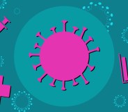 Illustration of a virus, syringe, graph and medical cross