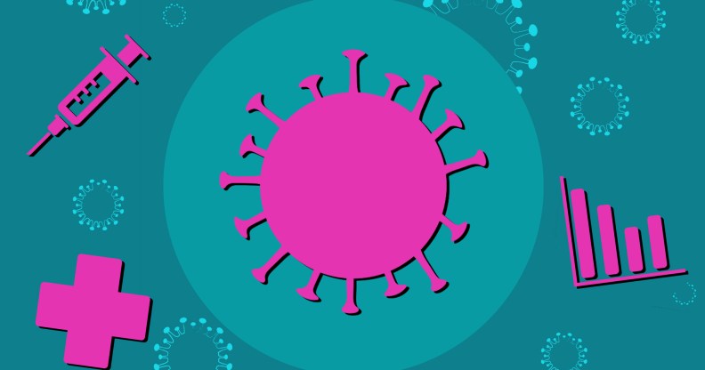 Illustration of a virus, syringe, graph and medical cross