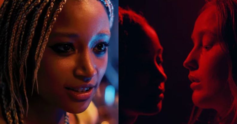 Screenshots of Amandla Stenberg in Bodies Bodies Bodies and Bobbi Salvör Menuez in my animal