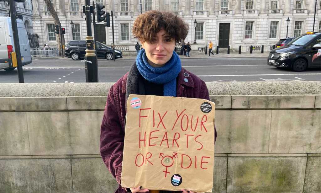 Poe Villiers at London trans protest at Downing Street