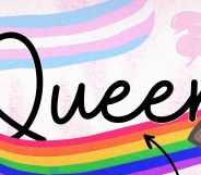 An illustration of the word queer encompassed by a ribbon showing the LGBTQ Pride flag on one side and the trans Pride flag on the other