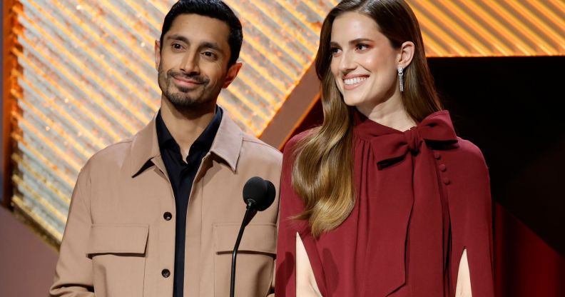 Riz Ahmed and Alison Williams on stage at the Oscar nominations