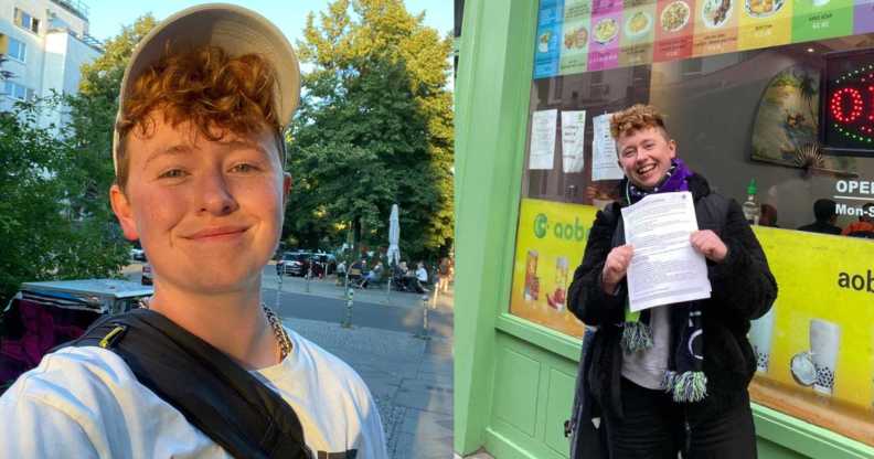 On the left is a picture of Ruadhán Ó Críodáin, a trans man, wearing a cap and a white t-shirt outdoors in a sunny location. On the right, Ruadhán is pictured outside a Dublin restaurant holding his Gender Recognition Certificate (GRC) application.