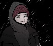 An illustration shows a person wrapped up in a coat as rain falls in the background. It is night time and the person looks heartbroken.