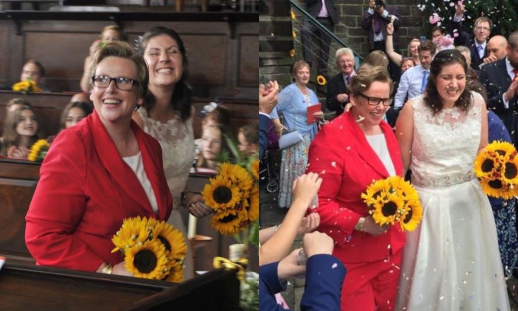 On the left, Sarah Barley-McMullen and her wife Helen are pictured walking out of the church on their wedding day. On the right, they're pictured standing outside the church holding flowers. Sarah is wearing a red suit while Helen wears a sleeveless white ballgown. Both women carry yellow flowers.