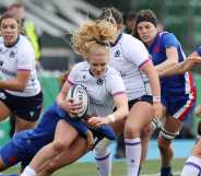 Megan Gaffney of Scotland is tackled by Marie-Aurelie Castel of France during the Scotland and France Women's Six Nations matc at Scotstoun Stadium on April 10, 2022 in Glasgow, Scotland.